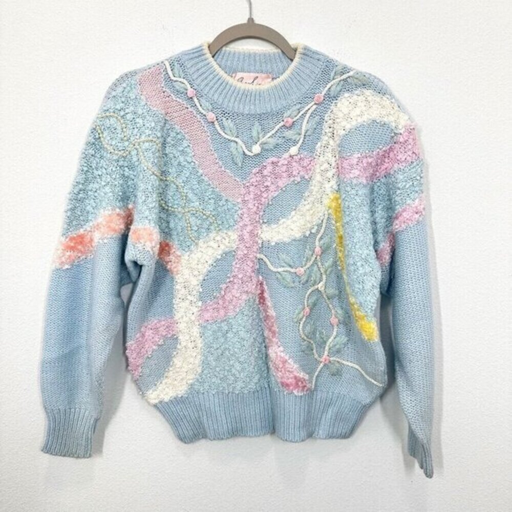 Vintage Pastel Blue Grannycore Coquette‎ Mixed Media Rose Pearl Mockneck Sweater